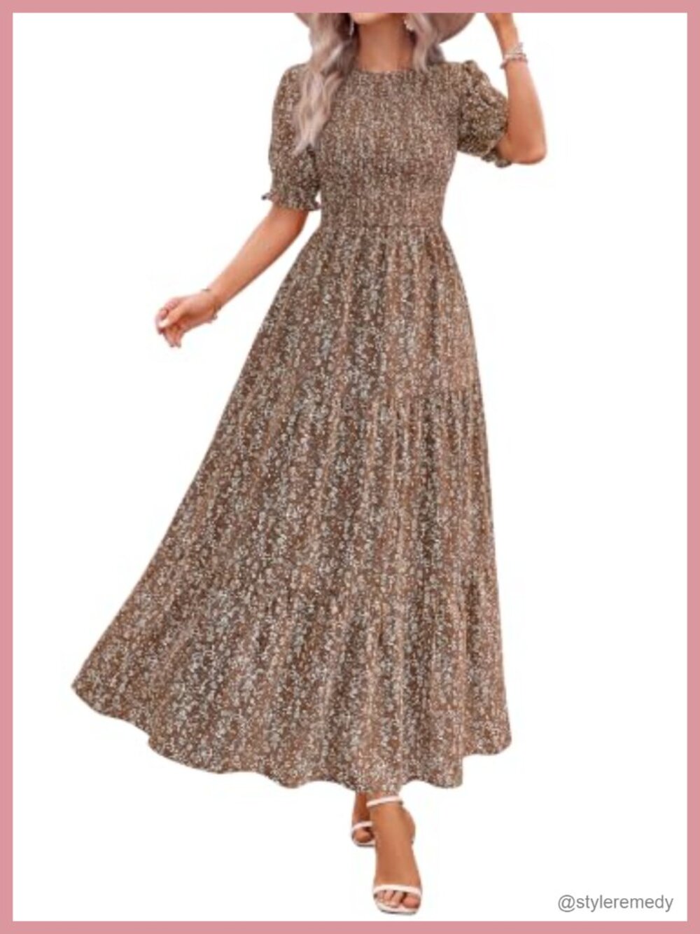BTFBM Women's Maxi Dress Short Puff Sleeve Smocked Tiered A-Line Casual